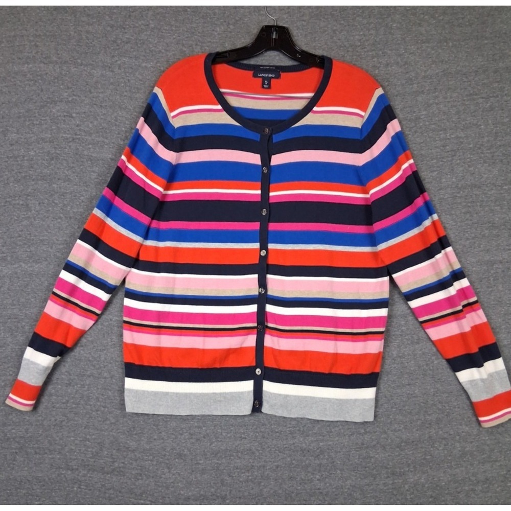 Lands End Womens Sweater XL Multi Stripe Cardigan Pima Cotton Breton Nautical